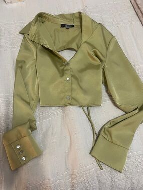 Blue Blush Olive Green Satin Cropped Button-Down Shirt